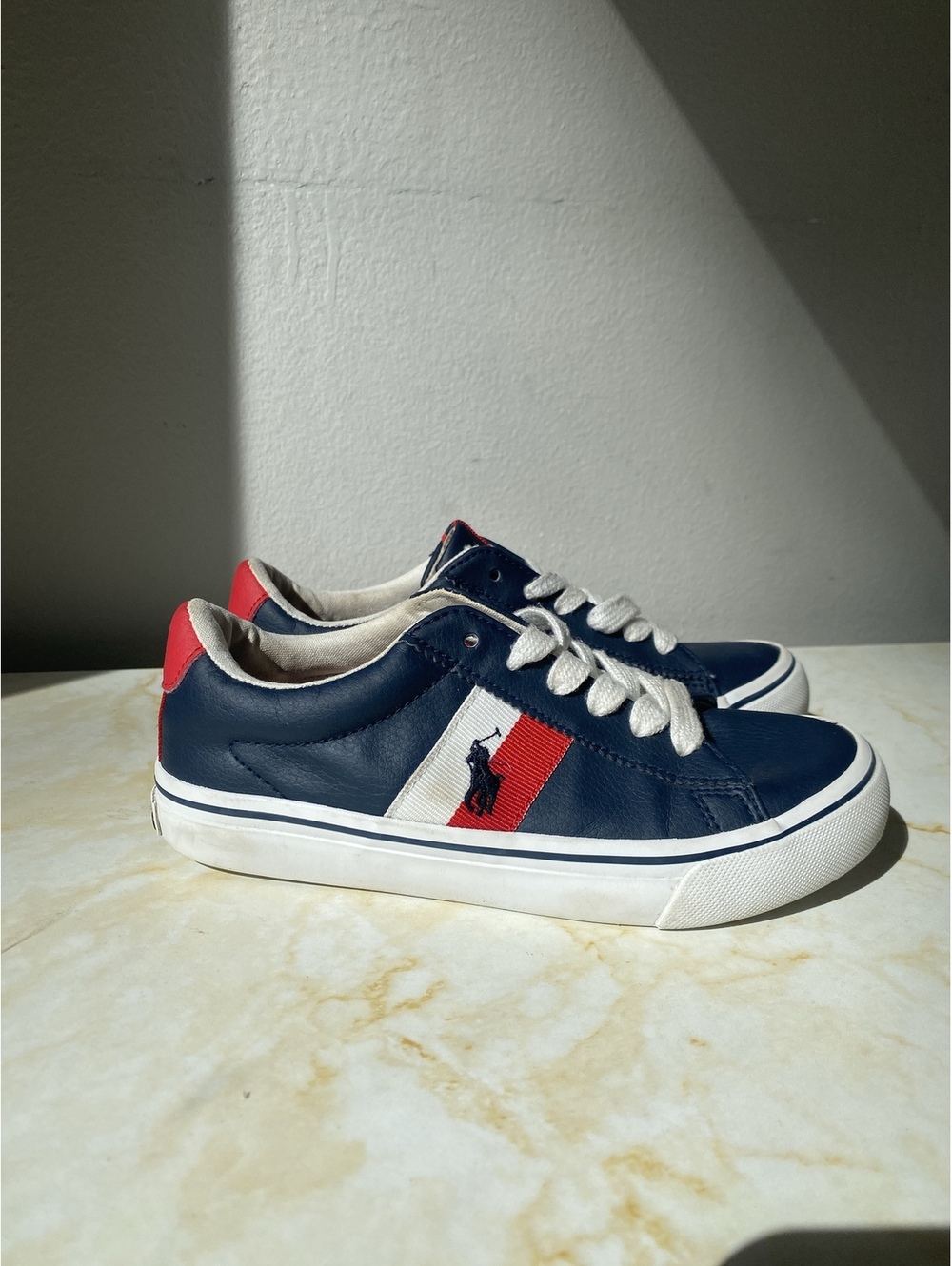 Polo Ralph Lauren Kids Navy Leather Canvas Lace-Up Sneakers US 13